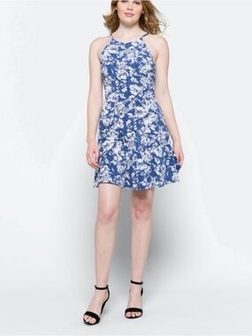 Fortune and Ivy Liv Knit Floral Halter Neck Blue and White Dress Size Large